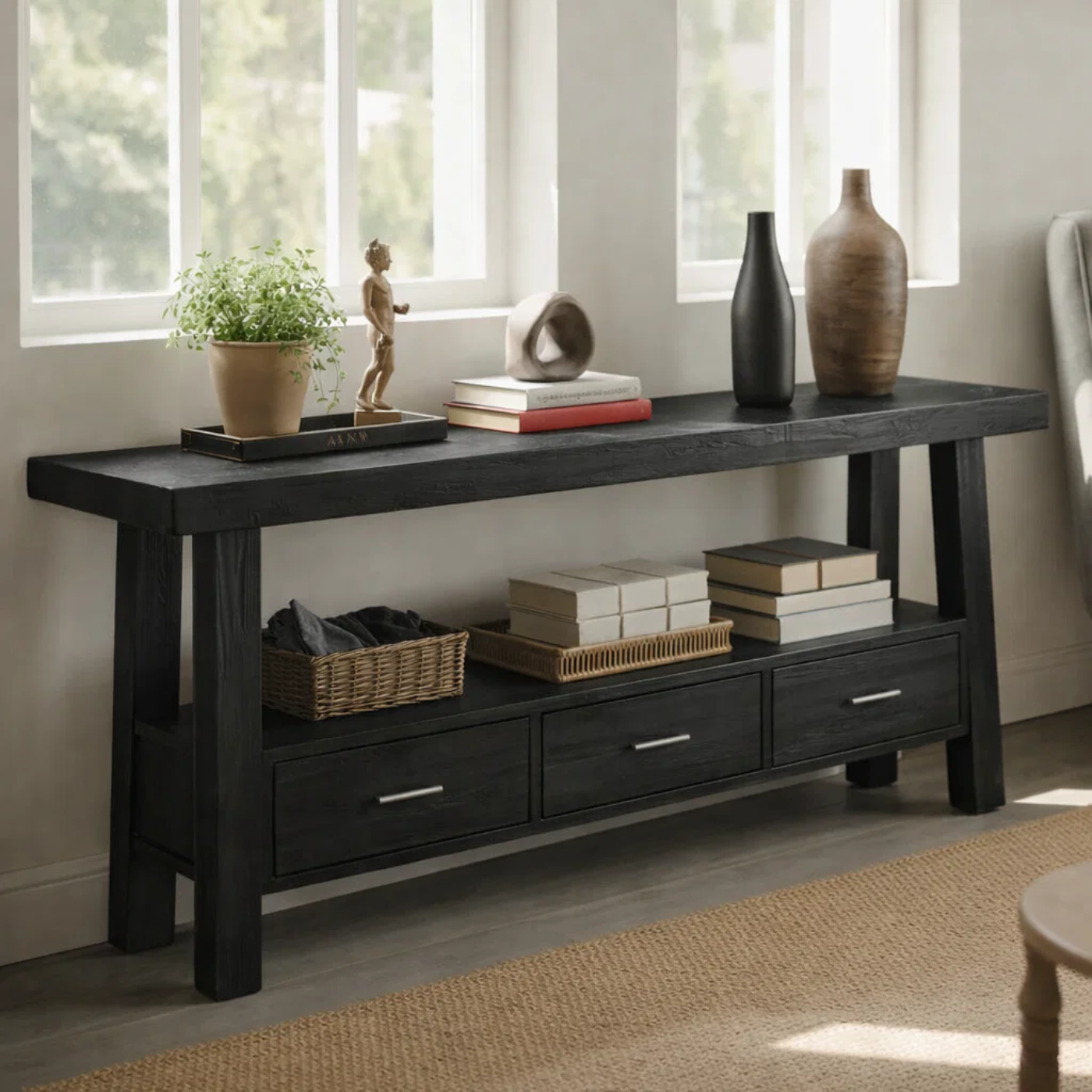 Solid Wood Console Table for Living Room with 3 Drawers and Open Shelf