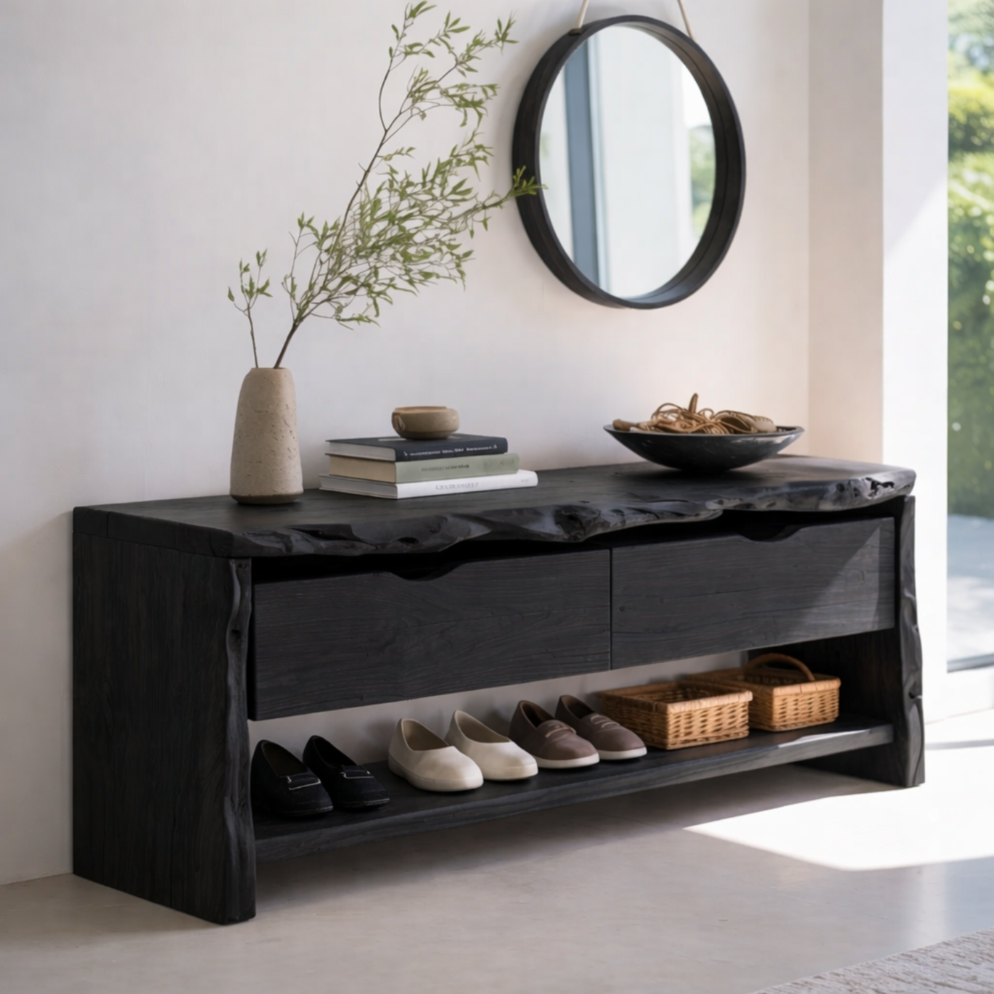 Solid Wood Live Edge Entryway Bench with Drawers & Shoe Shelf – Natural Wood Shoe Storage Bench