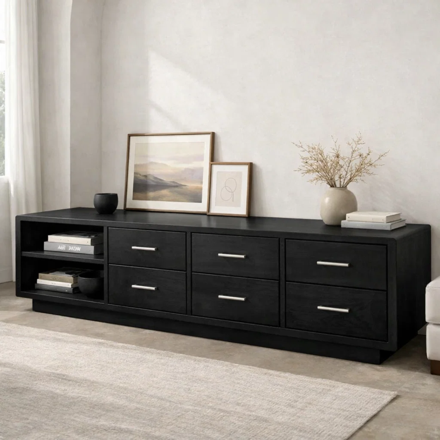 Solid Wood Modern TV Stand with Drawers and Open Shelf Storage