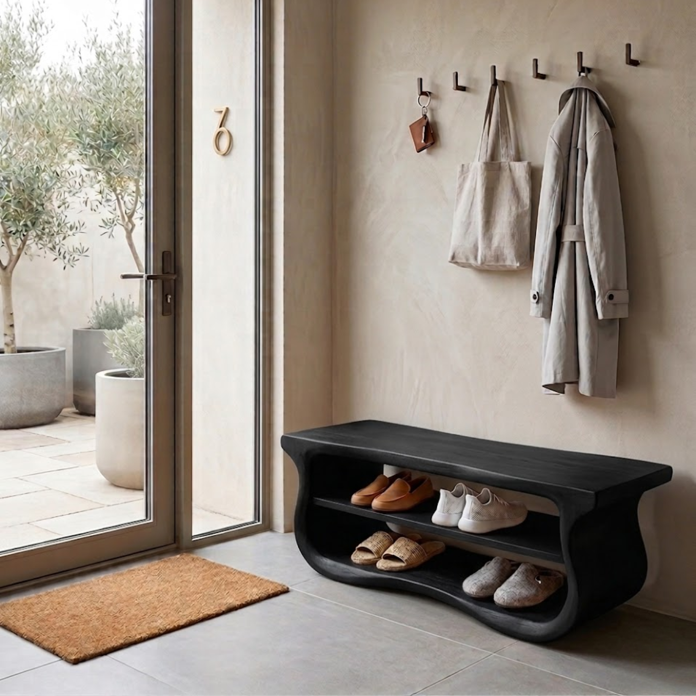 Solid Wood Entryway Bench with Shoe Storage, Organic Wavy Hallway Seating