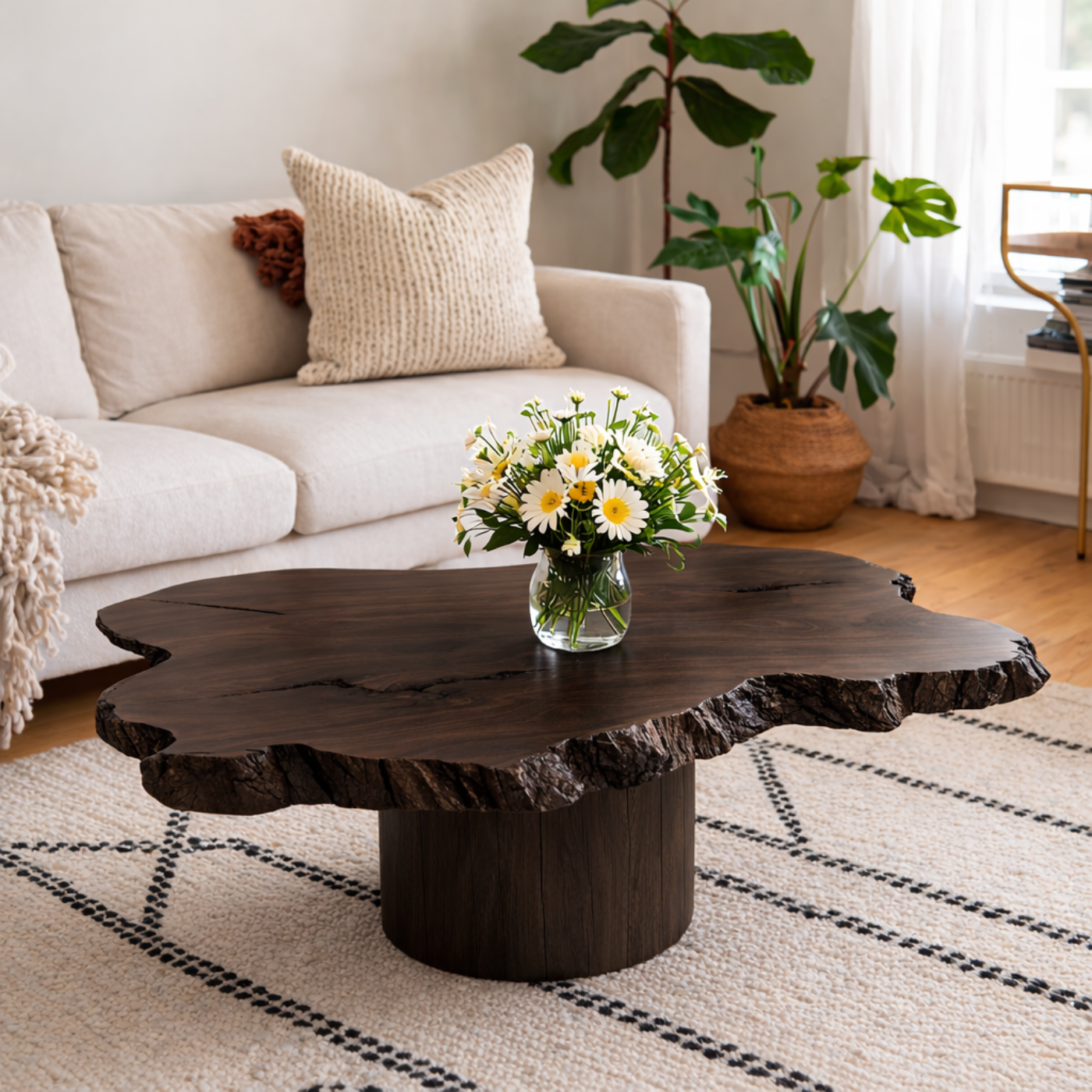 Live Edge Solid Wood Coffee Table for Living Room with Pedestal Base
