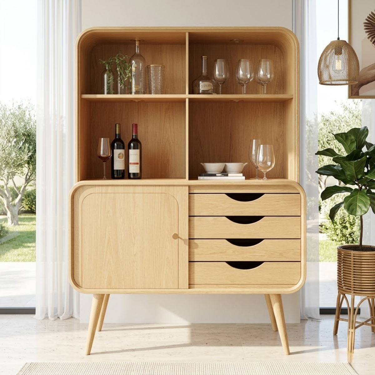 Modern Wine Cabinet with Open Shelves, Drawers and Concealed Storage Door