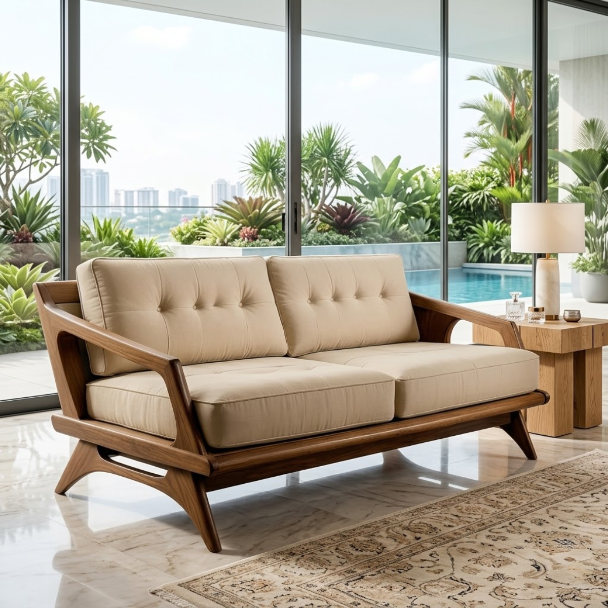 Mid Century Solid Wood Sofa with Beige Tufted Cushions Modern Loveseat Couch