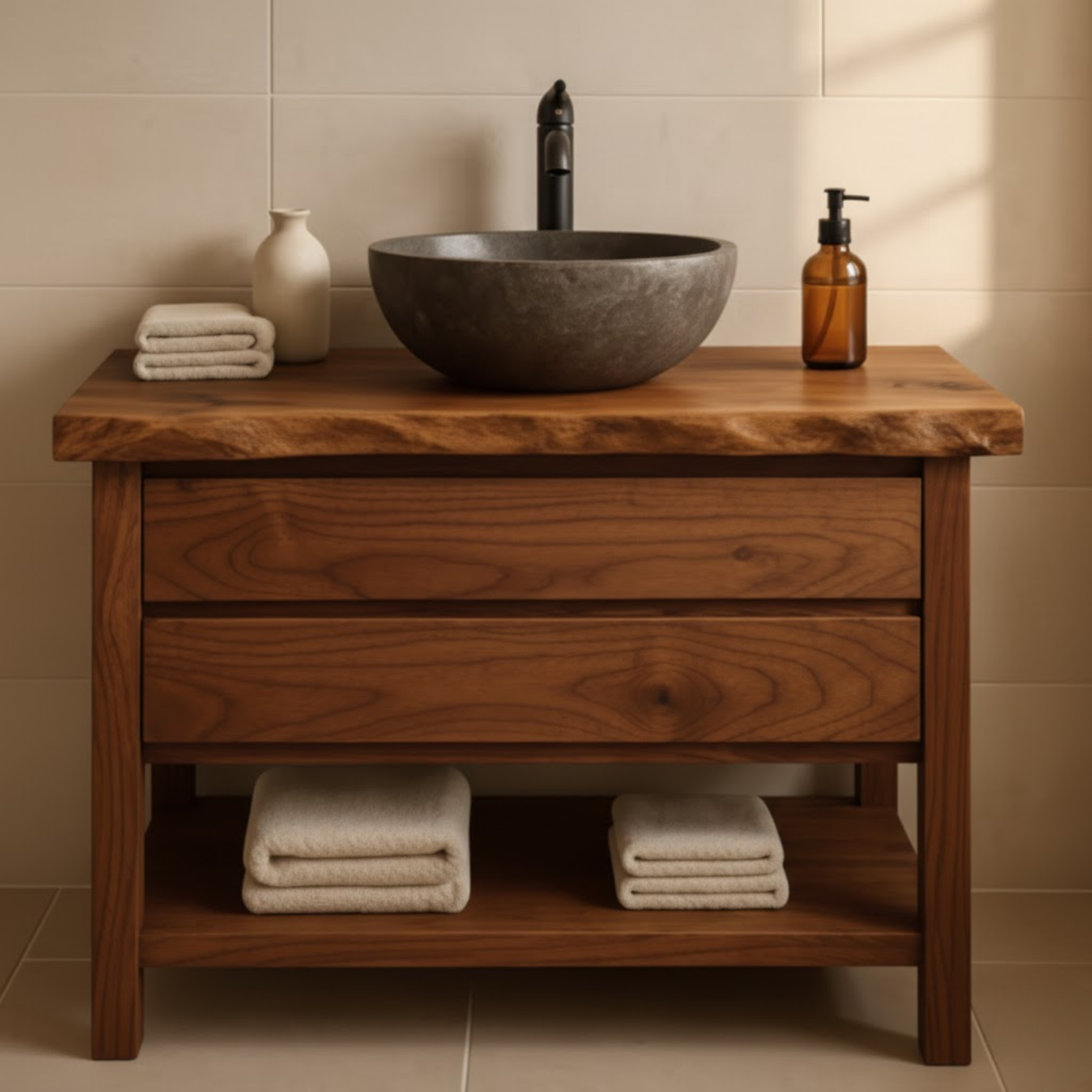 Live Edge Solid Wood Bathroom Vanity with Two Drawers and Open Bottom Shelf for Warm Modern Bathrooms