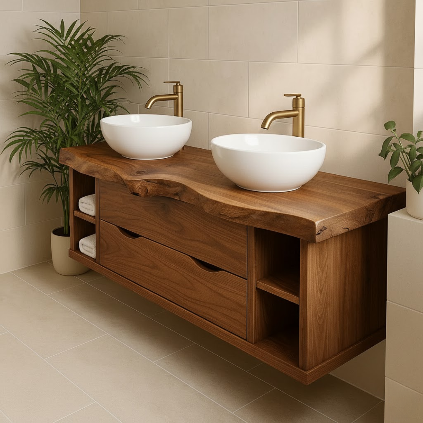 Rustic Double Sink Solid Wood Floating Bathroom Vanity with Live Edge Countertop