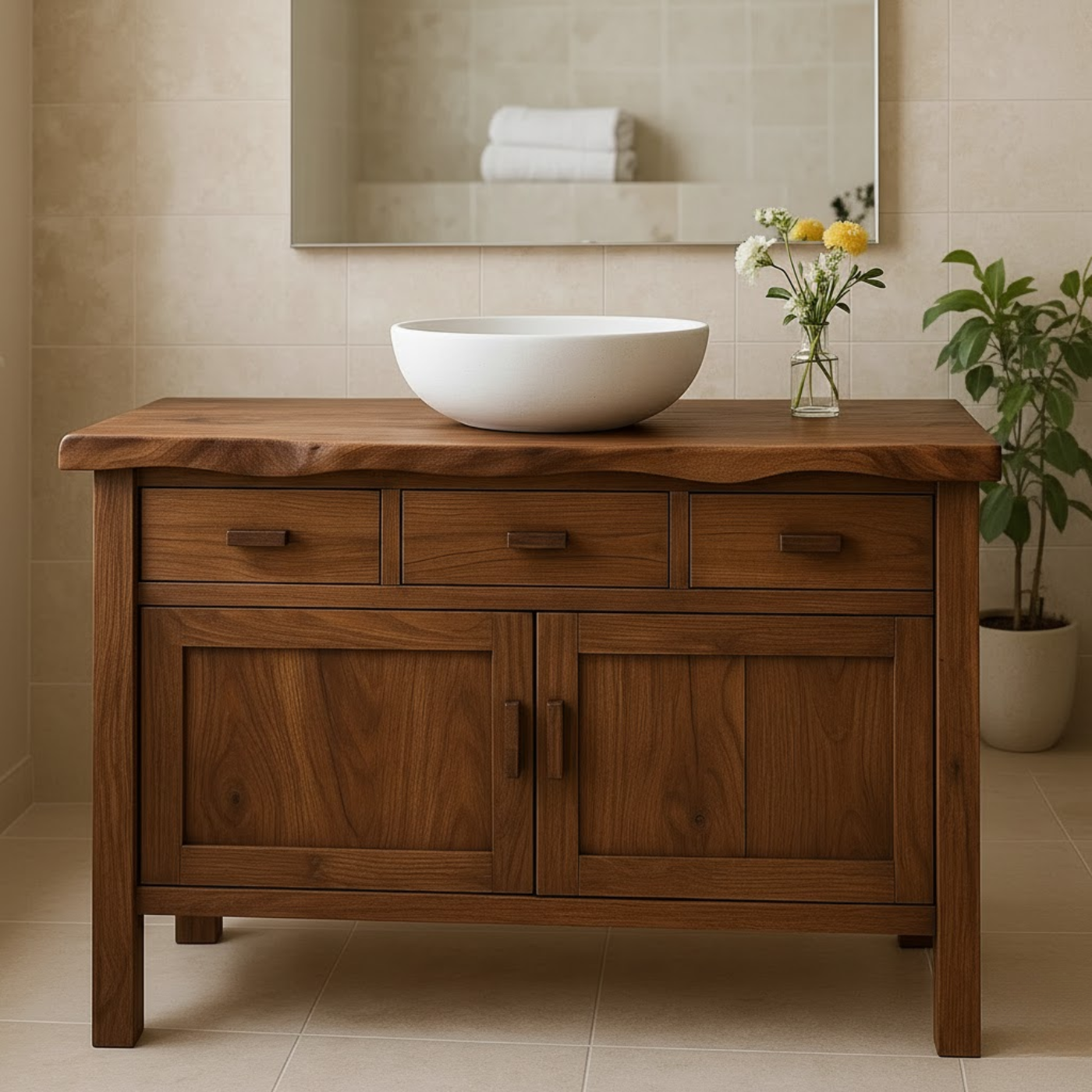 Solid Wood Bathroom Vanity with 3 Drawers and Double Door Cabinet