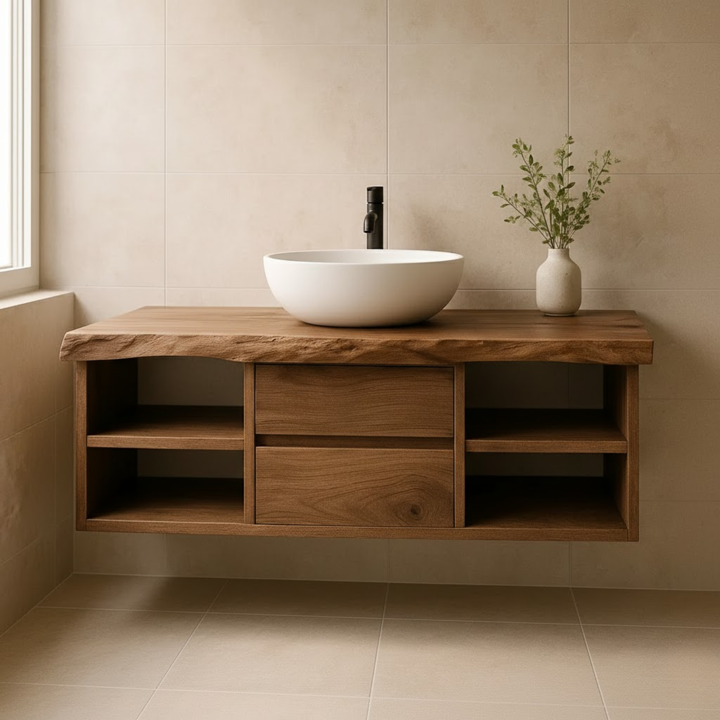 Minimalist Solid Wood Floating Bathroom Vanity with Live Edge Countertop and Dual Open Shelving