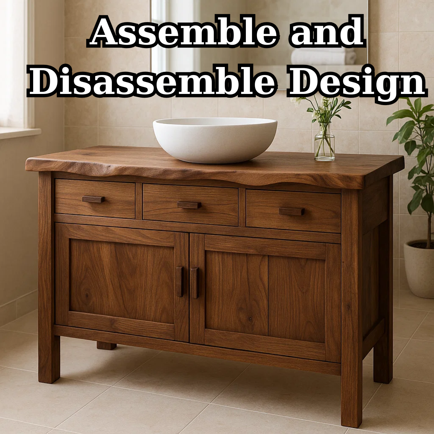 Solid Wood Bathroom Vanity with 3 Drawers and Double Door Cabinet