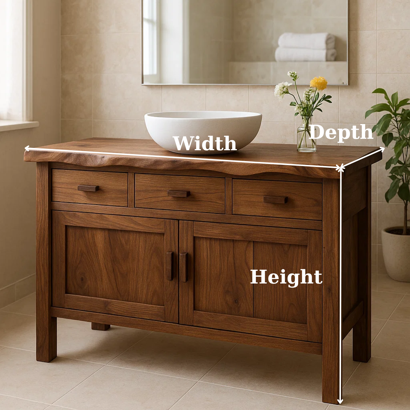 Solid Wood Bathroom Vanity with 3 Drawers and Double Door Cabinet