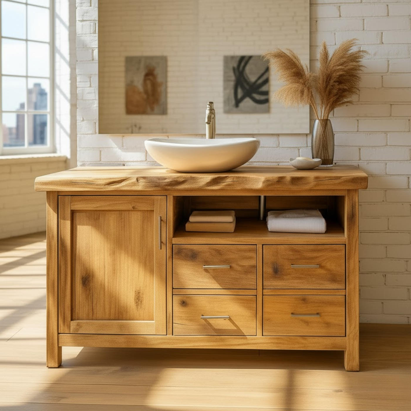 Solid Wood Live Edge Bathroom Vanity with 4 Drawers and Cabinet Door