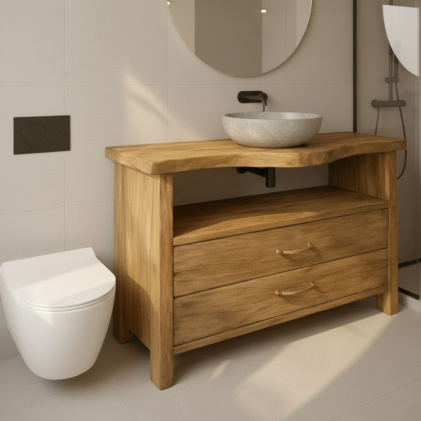 Live Edge Solid Wood Bathroom Vanity with 2 Drawers and Open Shelf for Contemporary Farmhouse Bathrooms