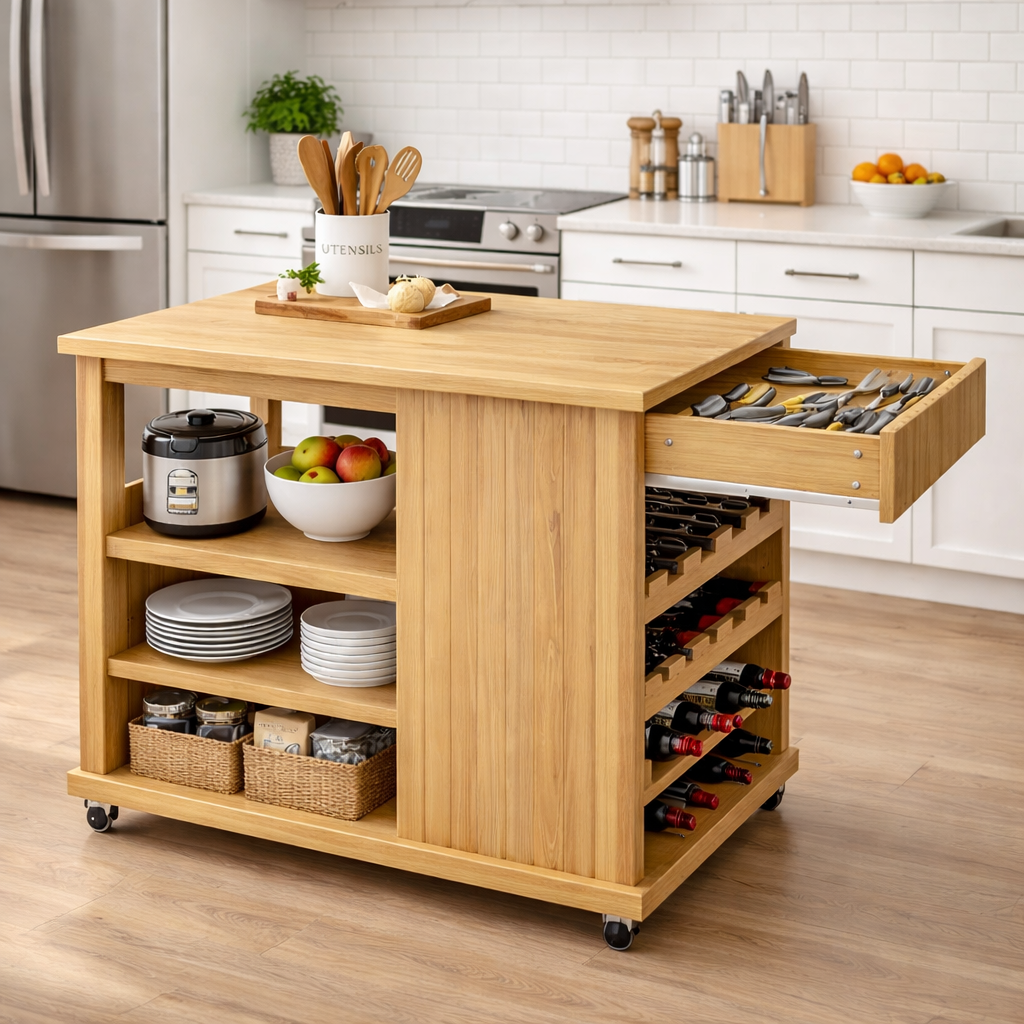 Solid Wood Kitchen Island Cart with Storage – Oak Prep Table with Wine Rack