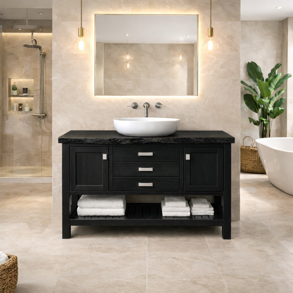 Solid Wood Bathroom Vanity with Live Edge Top & Open Shelf Storage