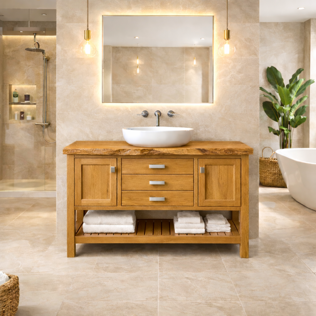 Solid Wood Bathroom Vanity with Live Edge Top & Open Shelf Storage
