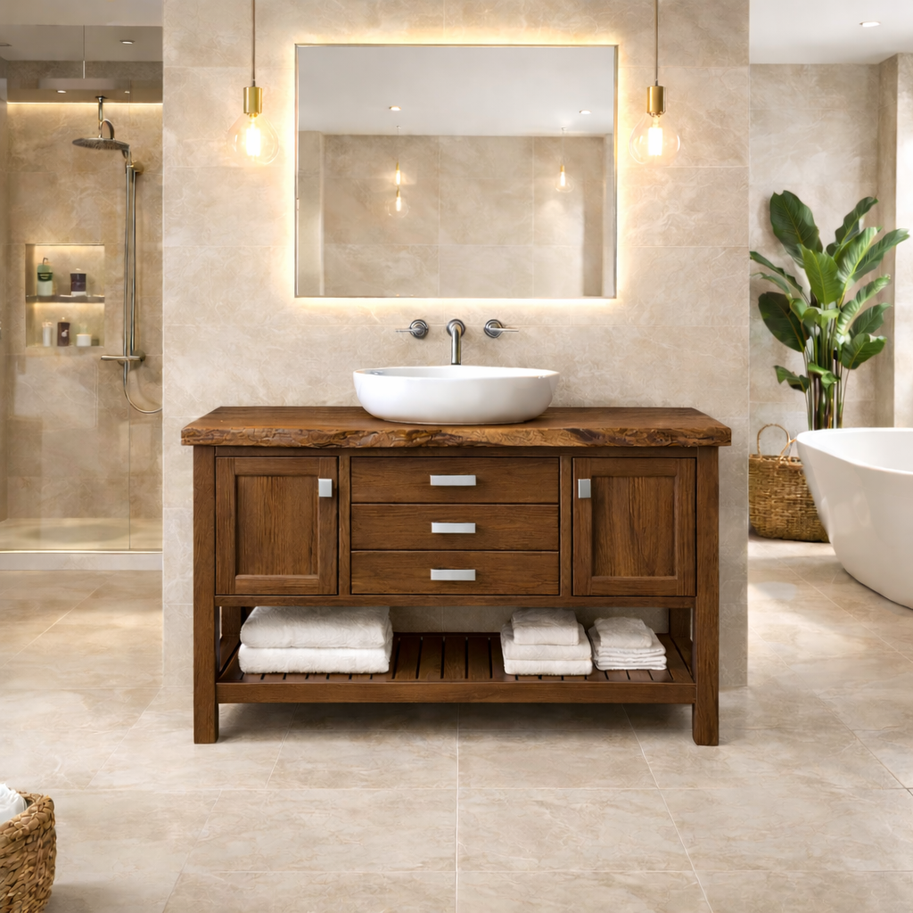 Solid Wood Bathroom Vanity with Live Edge Top & Open Shelf Storage