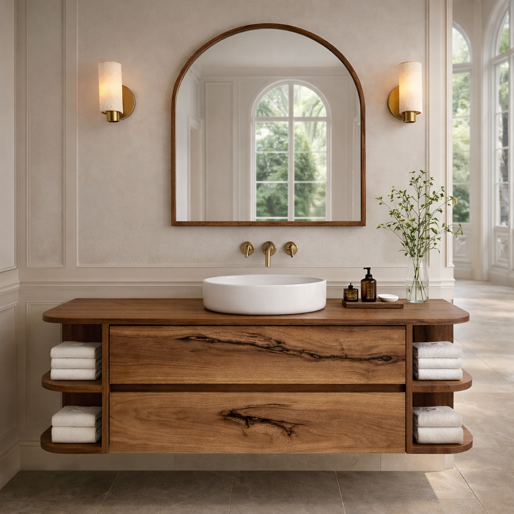 Floating Bathroom Vanity with Curved Open Shelves – Handcrafted Solid Wood Design