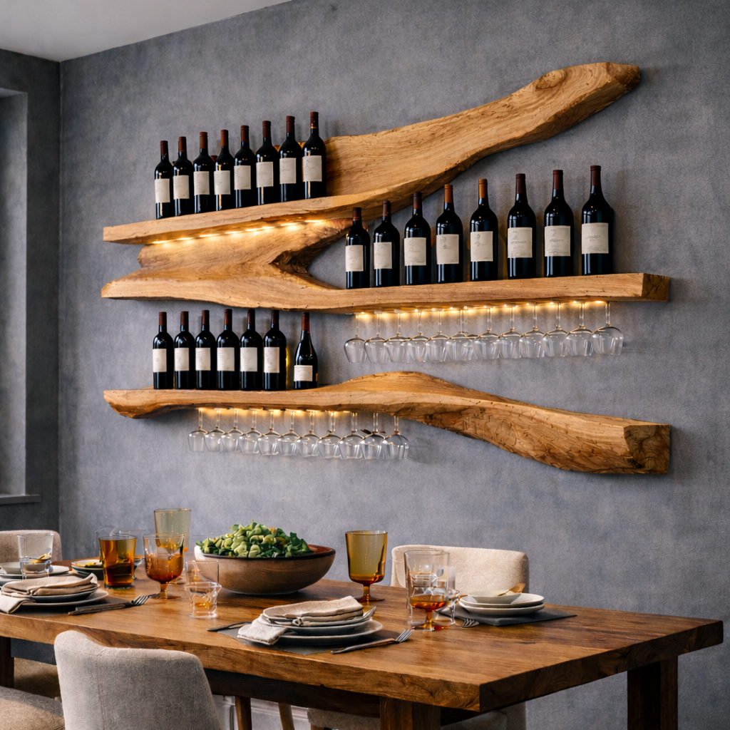 Solid Wood Live Edge Wall Wine Rack with Floating Shelves and Hanging Glass Holder