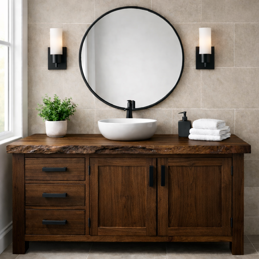Live Edge Solid Wood Bathroom Vanity with 3 Drawers and Double Door Cabinet