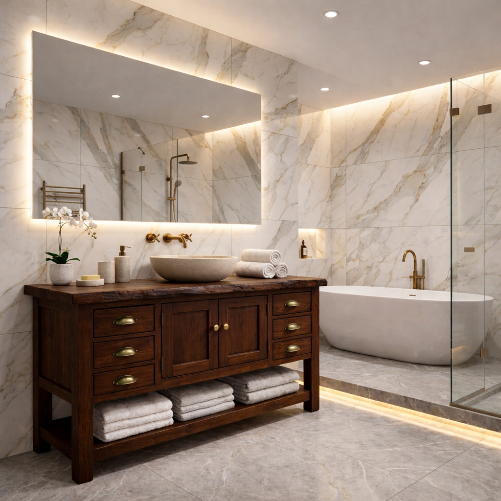 Solid Wood Bathroom Vanity with Drawers & Open Shelf Storage