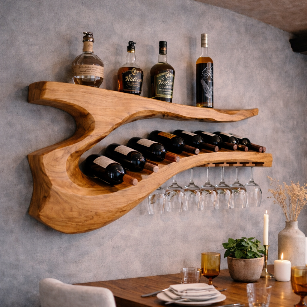 Solid Wood Sculptural Wall Wine Rack with Curved Bottle Shelf and Hanging Glass Holder