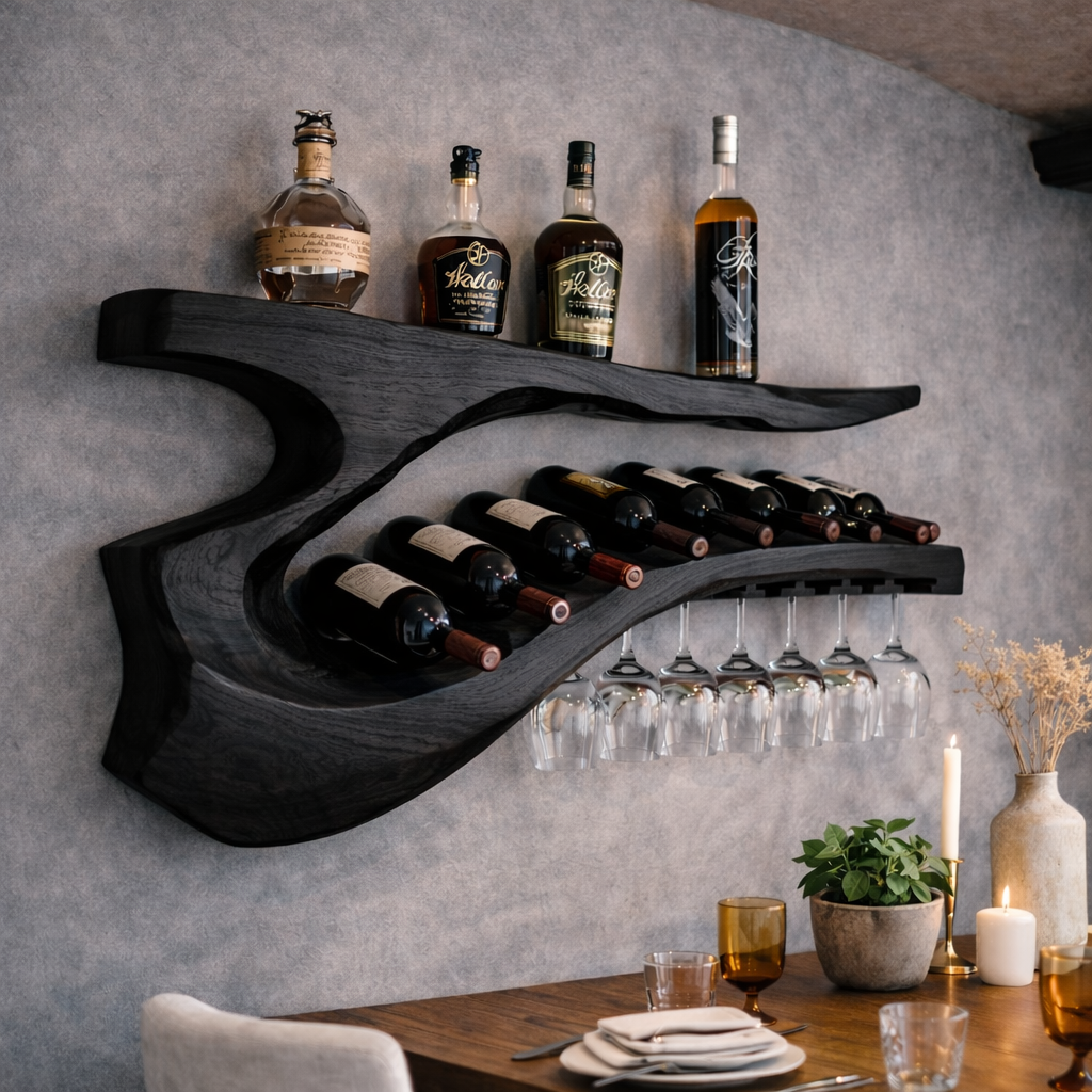Solid Wood Sculptural Wall Wine Rack with Curved Bottle Shelf and Hanging Glass Holder