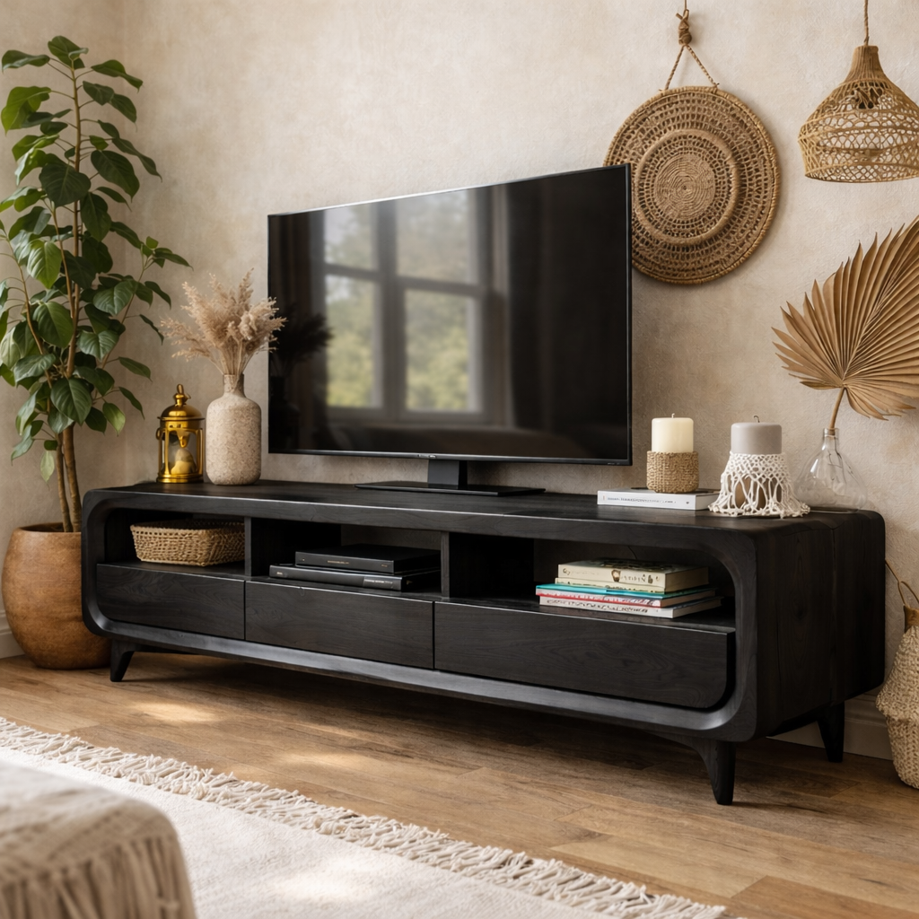 Solid Wood Mid-Century Modern TV Stand with Drawers & Open Shelves