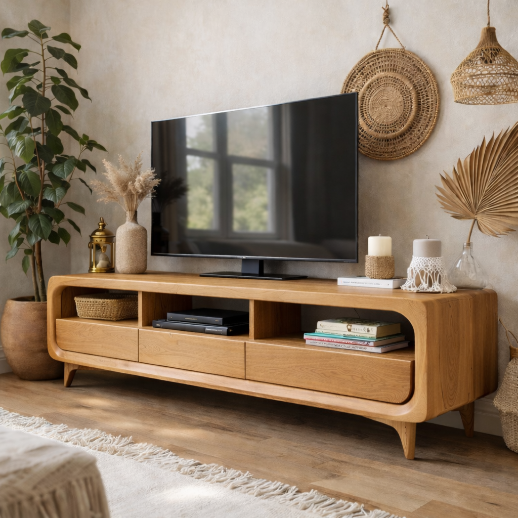 Solid Wood Mid-Century Modern TV Stand with Drawers & Open Shelves