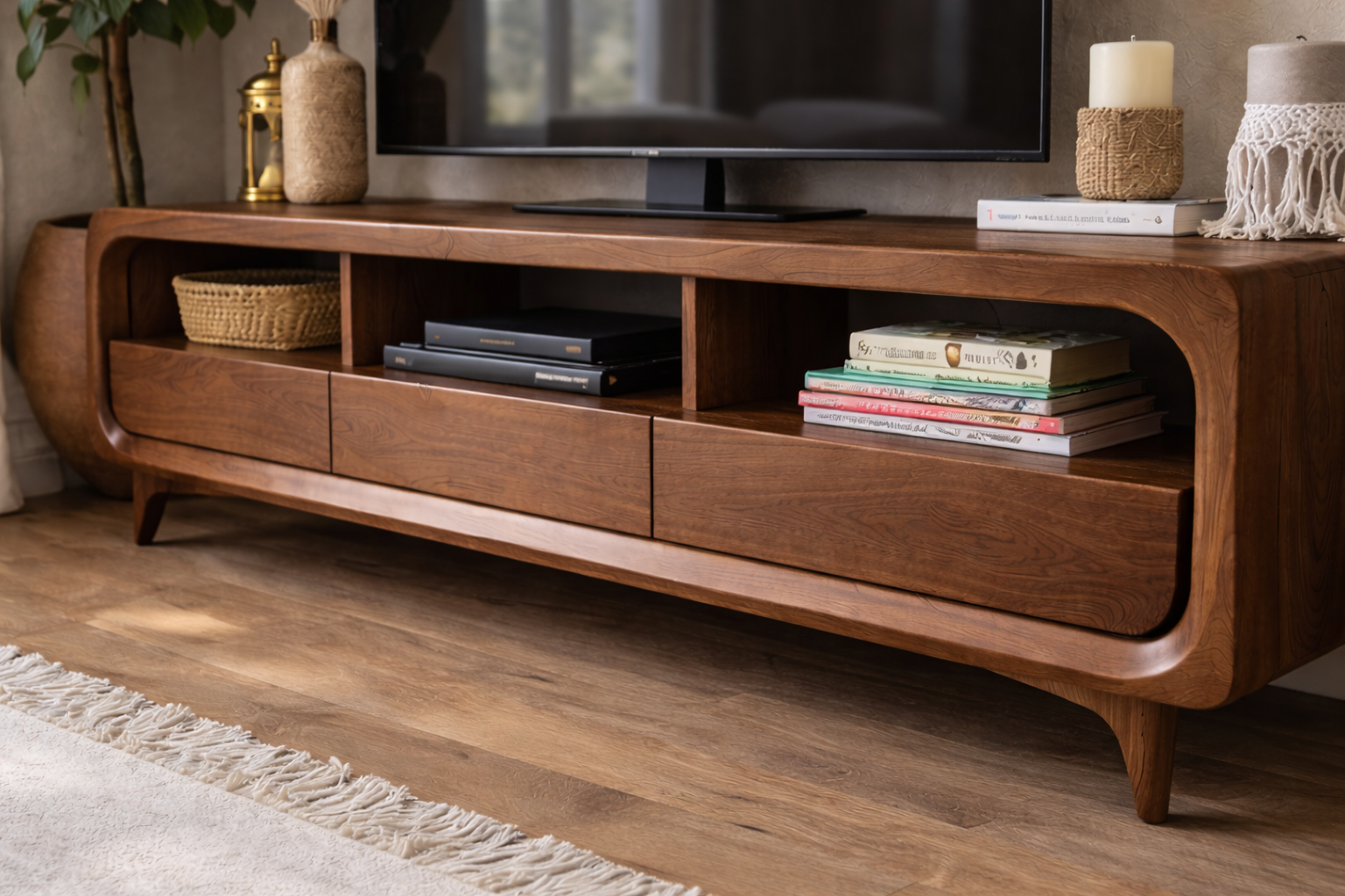 Solid Wood Mid-Century Modern TV Stand with Drawers & Open Shelves