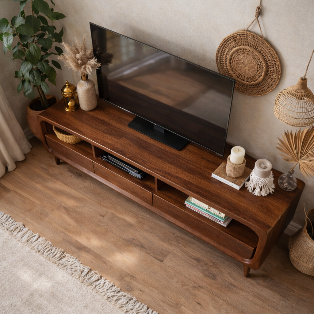 Solid Wood Mid-Century Modern TV Stand with Drawers & Open Shelves