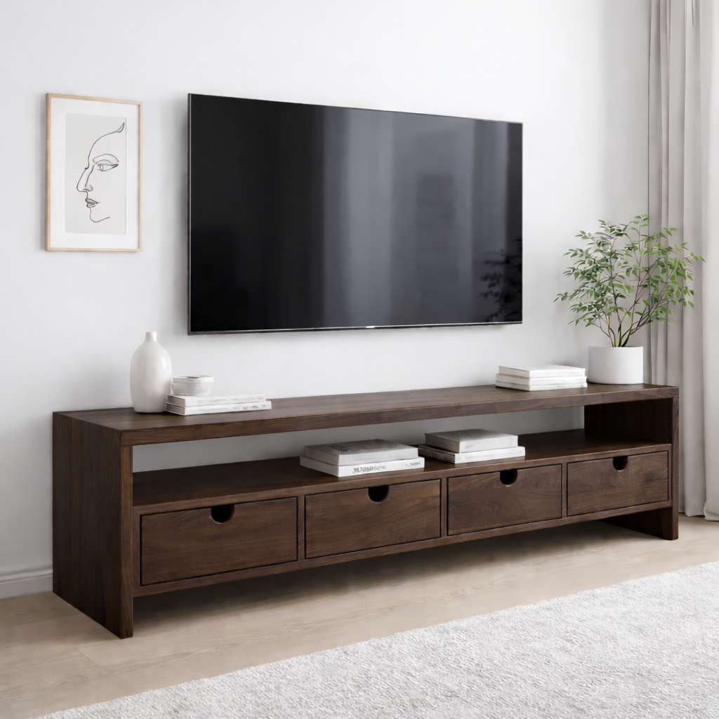 Solid Wood TV Stand with 4 Drawers & Open Shelf – Modern Low Profile Console