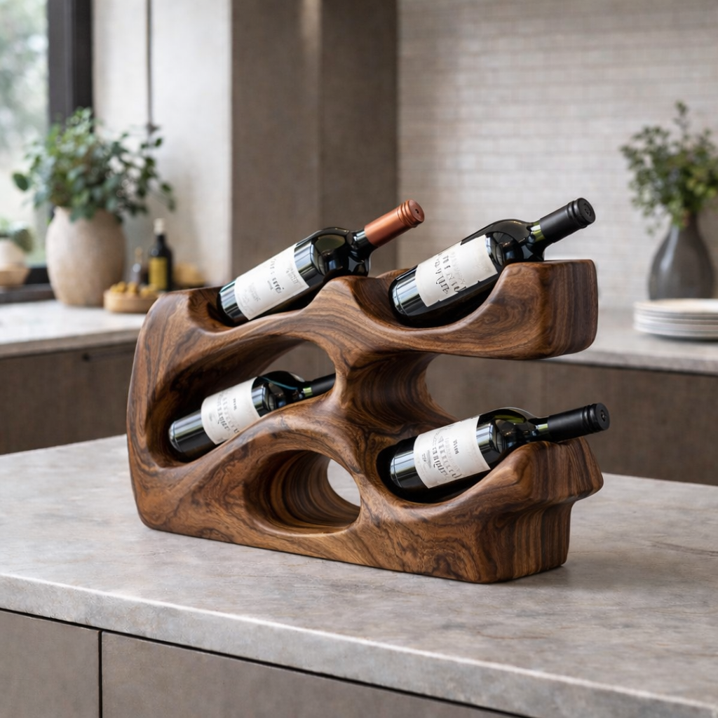 Handcrafted Solid Wood Countertop Wine Holder – Modern Sculptural Wine Rack