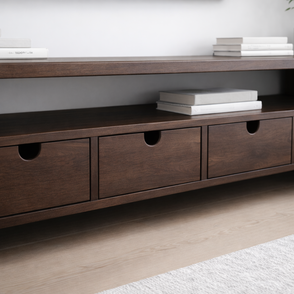 Solid Wood TV Stand with 4 Drawers & Open Shelf – Modern Low Profile Console