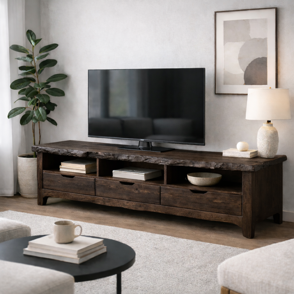 Solid Wood TV Stand with Drawers & Open Shelves – Rustic Low Profile Console