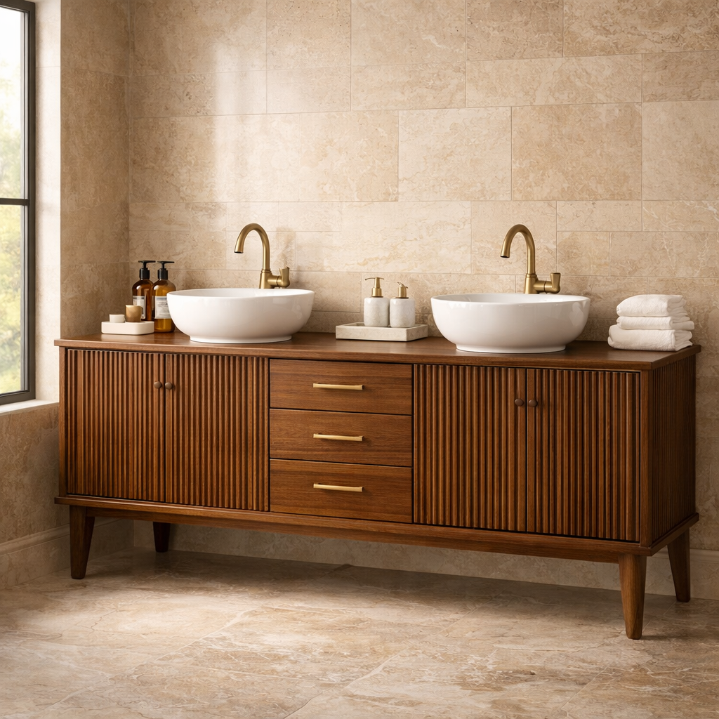 Handcrafted Fluted Freestanding Double Vanity - Solid Wood Mid-Century Modern Cabinet
