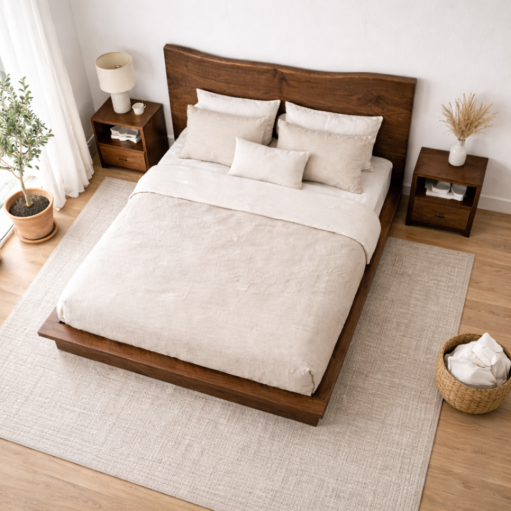 Solid Wood Platform Bed Frame with Curved Headboard – Low Profile Design