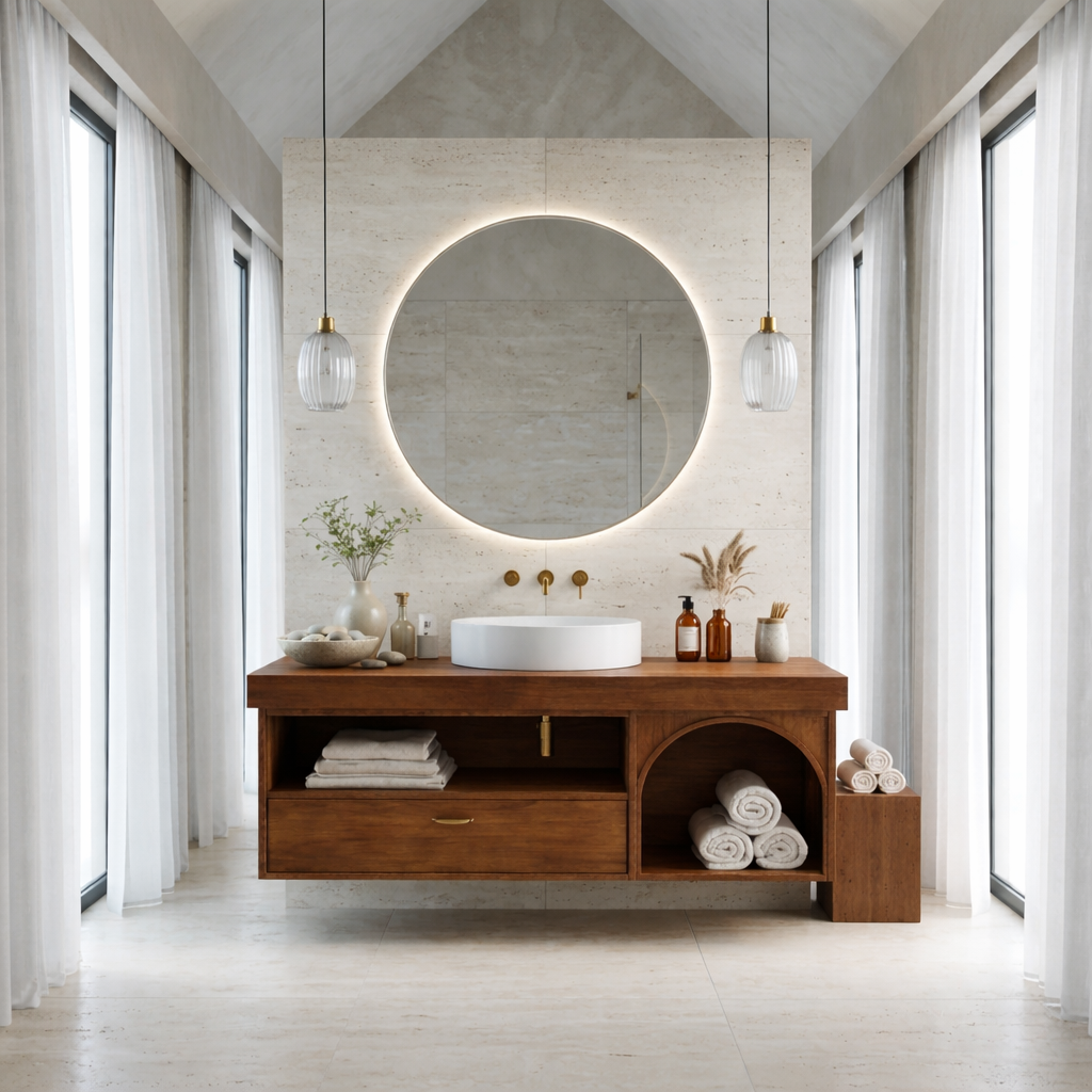 Floating Bathroom Vanity with Open Shelf & Arch Towel Niche – Modern Solid Wood