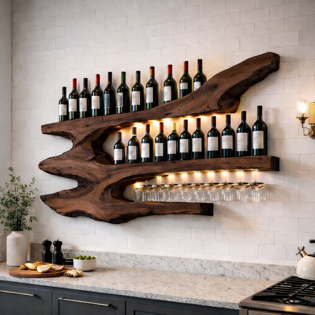 Solid Wood Live Edge Wall Wine Rack with Multi Bottle Shelves and Hanging Glass Holder
