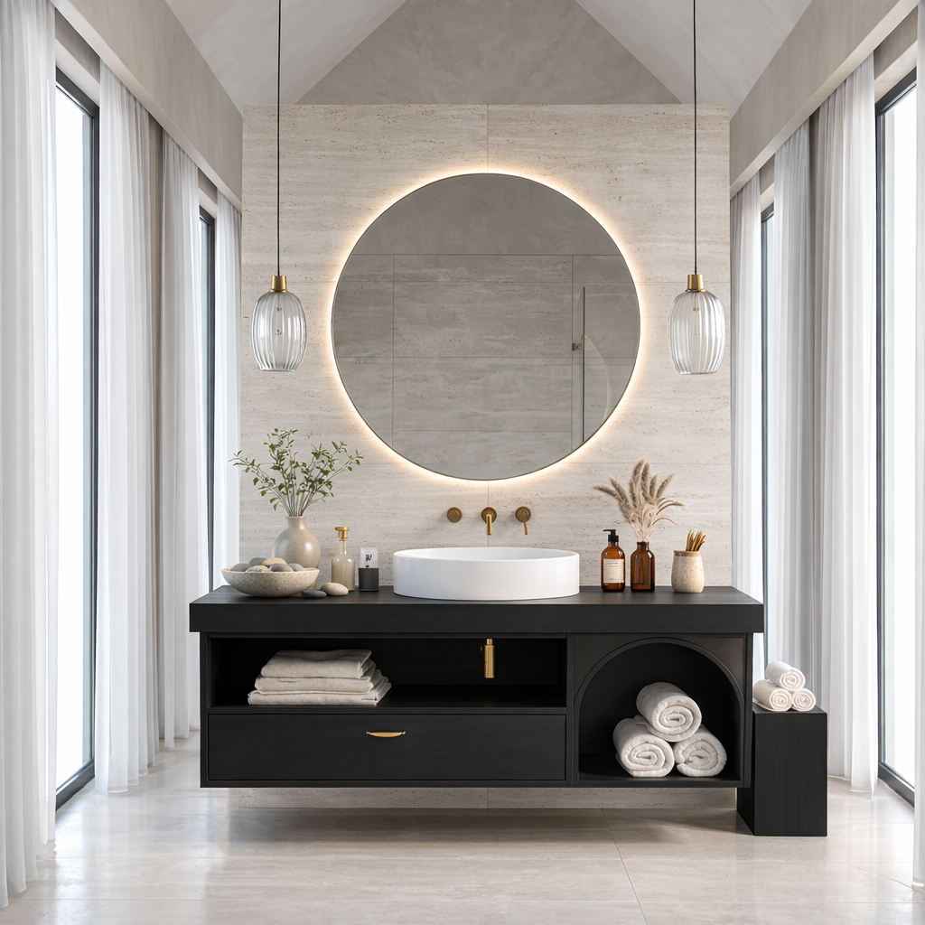 Floating Bathroom Vanity with Open Shelf & Arch Towel Niche – Modern Solid Wood