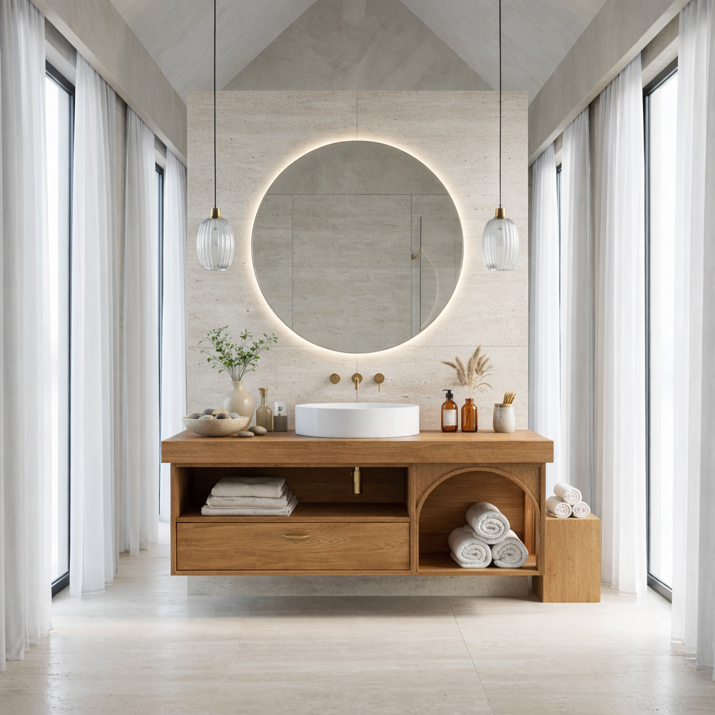 Floating Bathroom Vanity with Open Shelf & Arch Towel Niche – Modern Solid Wood