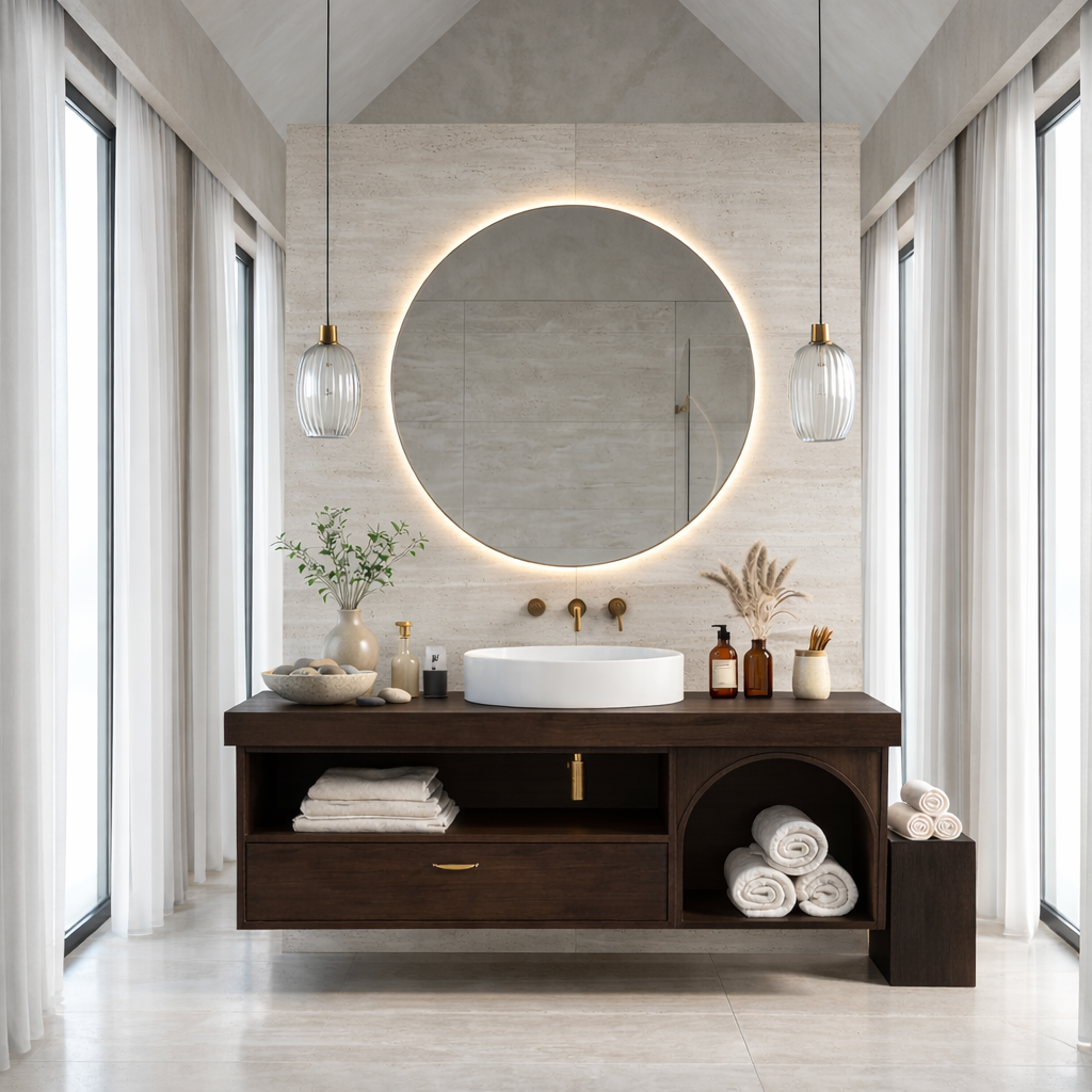 Floating Bathroom Vanity with Open Shelf & Arch Towel Niche – Modern Solid Wood