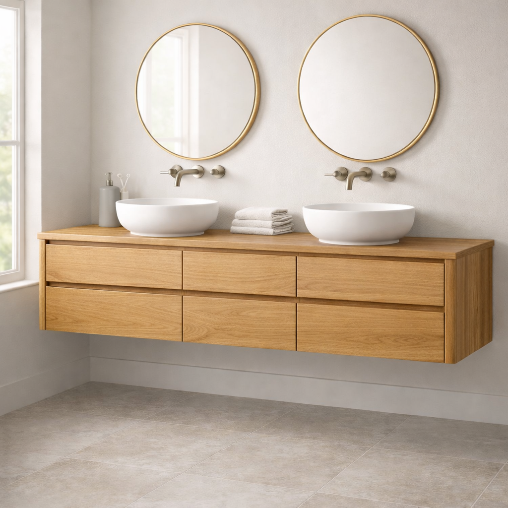 Handcrafted 6-Drawer Floating Double Vanity - Solid Wood Modern Bathroom Cabinet