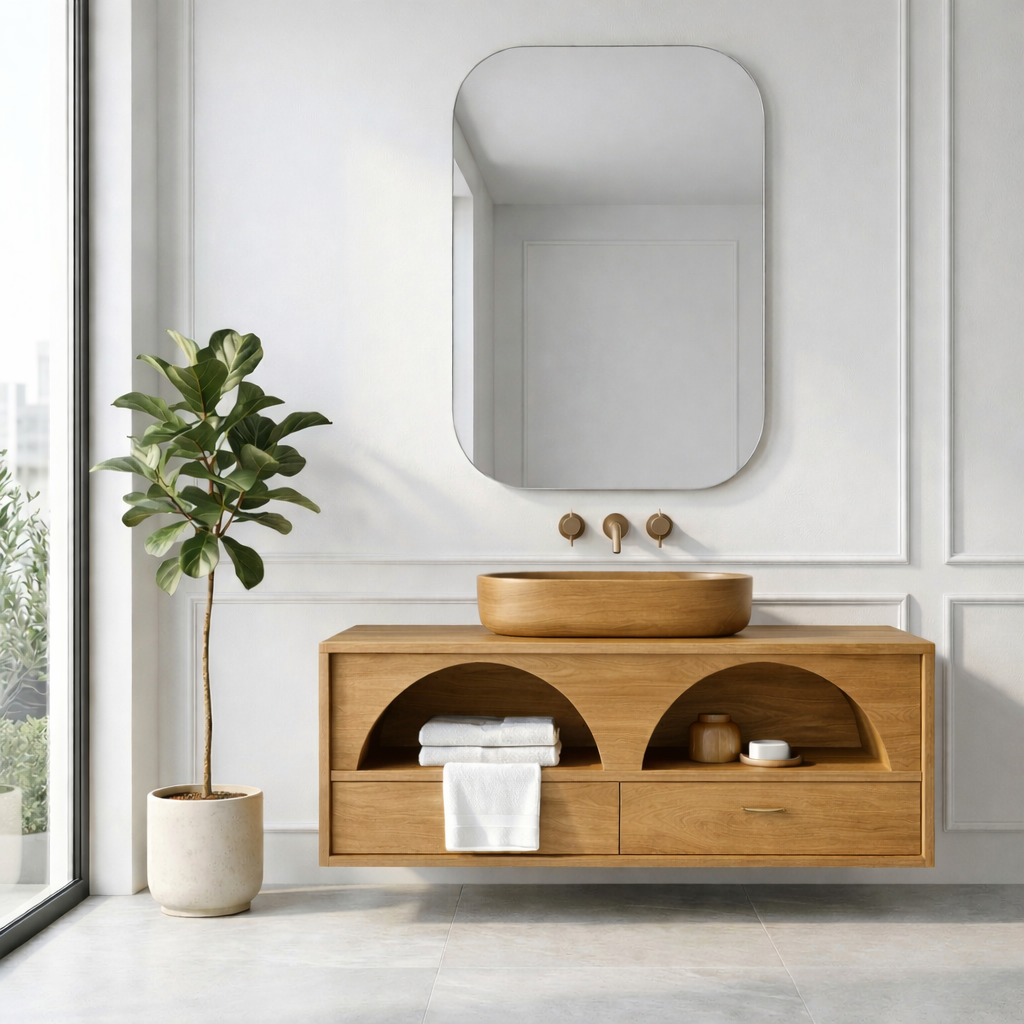 Handcrafted Arch Design Floating Vanity - Solid Wood Mid-Century Modern Bathroom Cabinet