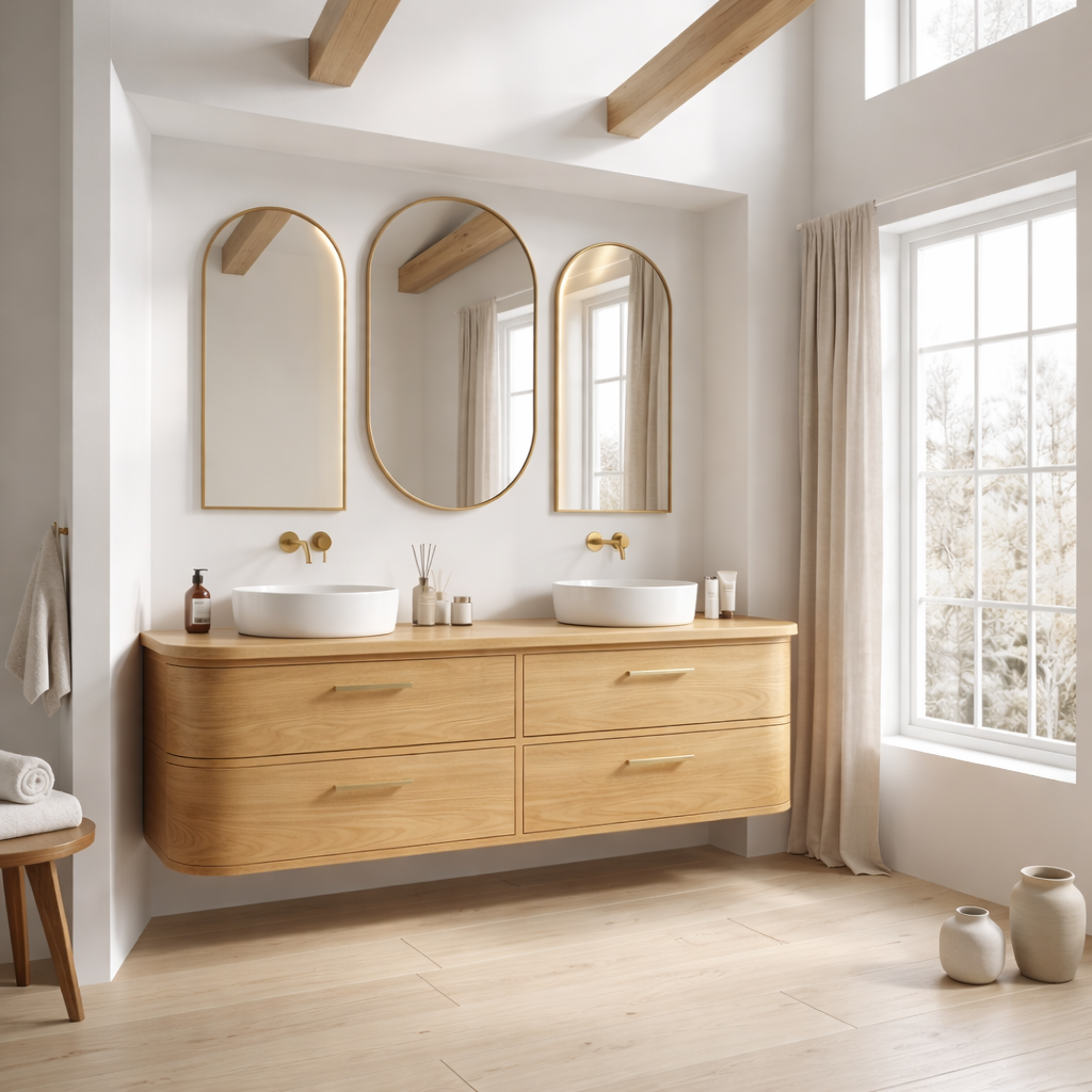 Handcrafted Curved Floating Double Vanity - Solid Wood Luxury Bathroom Cabinet
