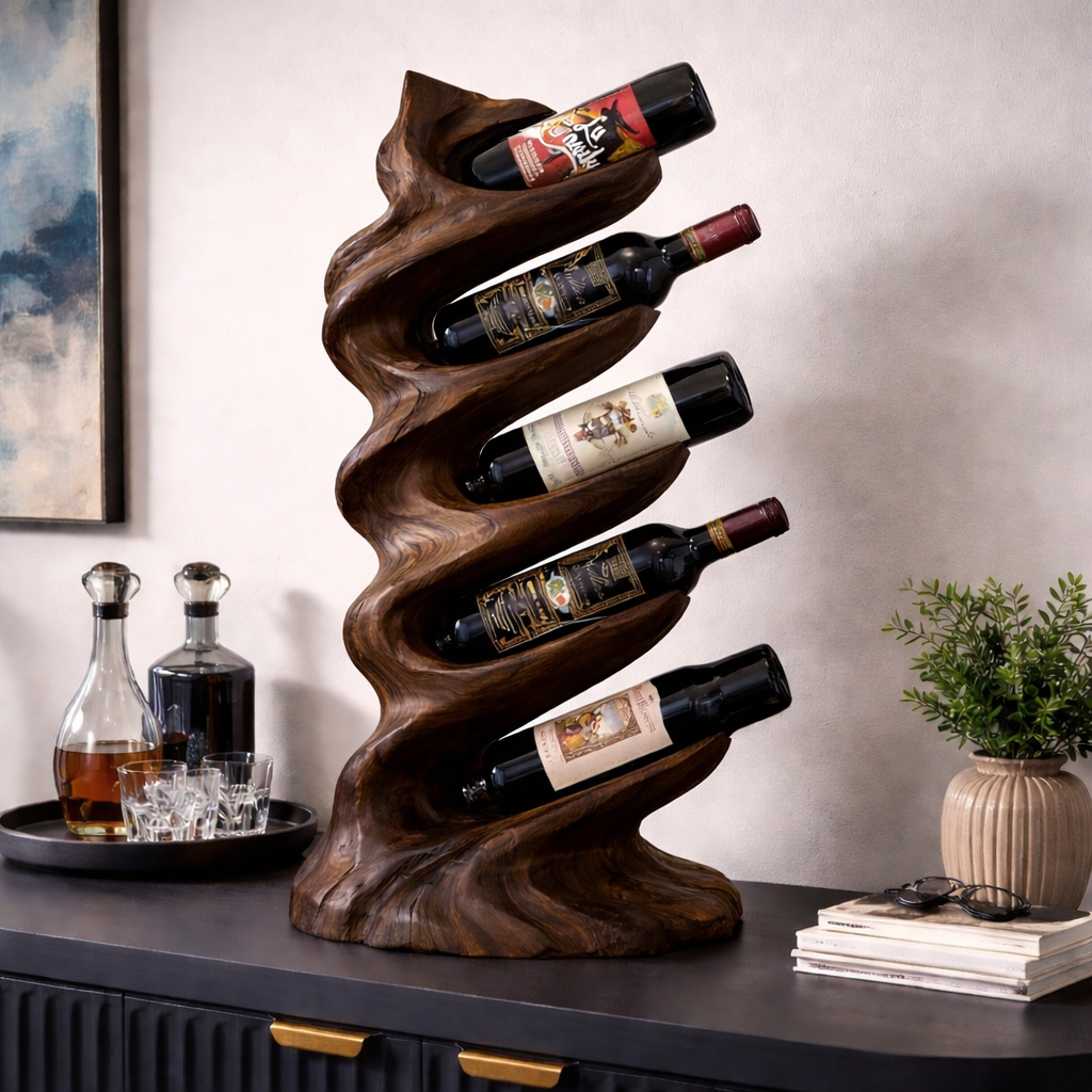 Solid Wood Sculptural Wine Holder with Vertical Wave Design Bottle Display Stand