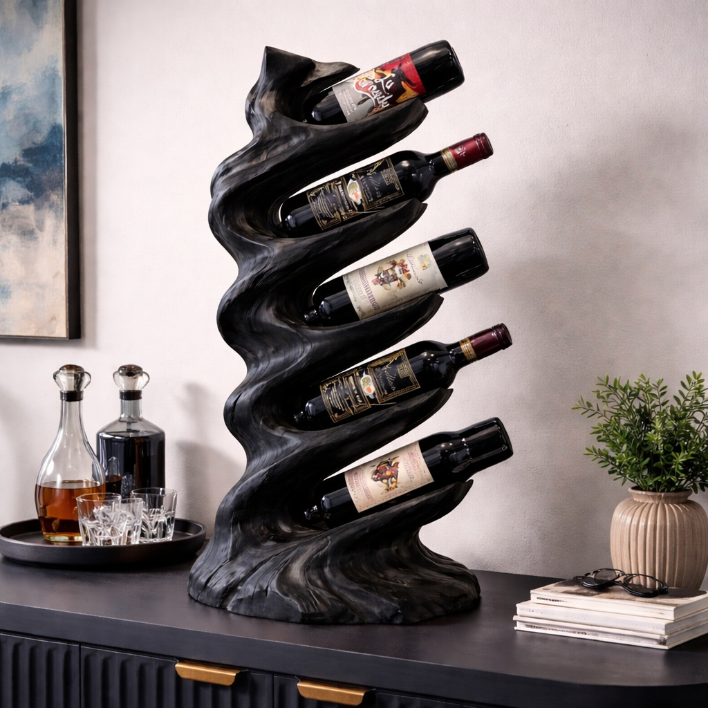 Solid Wood Sculptural Wine Holder with Vertical Wave Design Bottle Display Stand