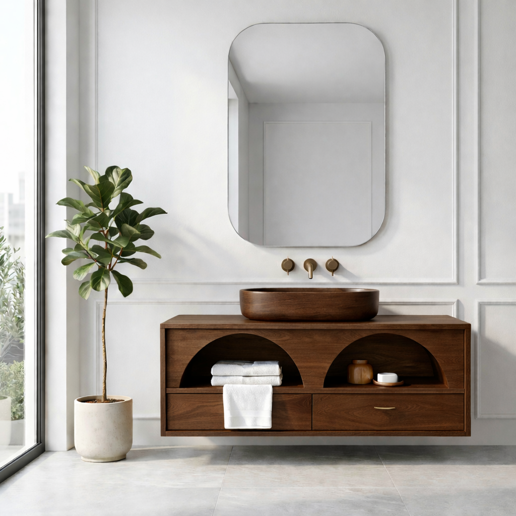 Handcrafted Arch Design Floating Vanity - Solid Wood Mid-Century Modern Bathroom Cabinet