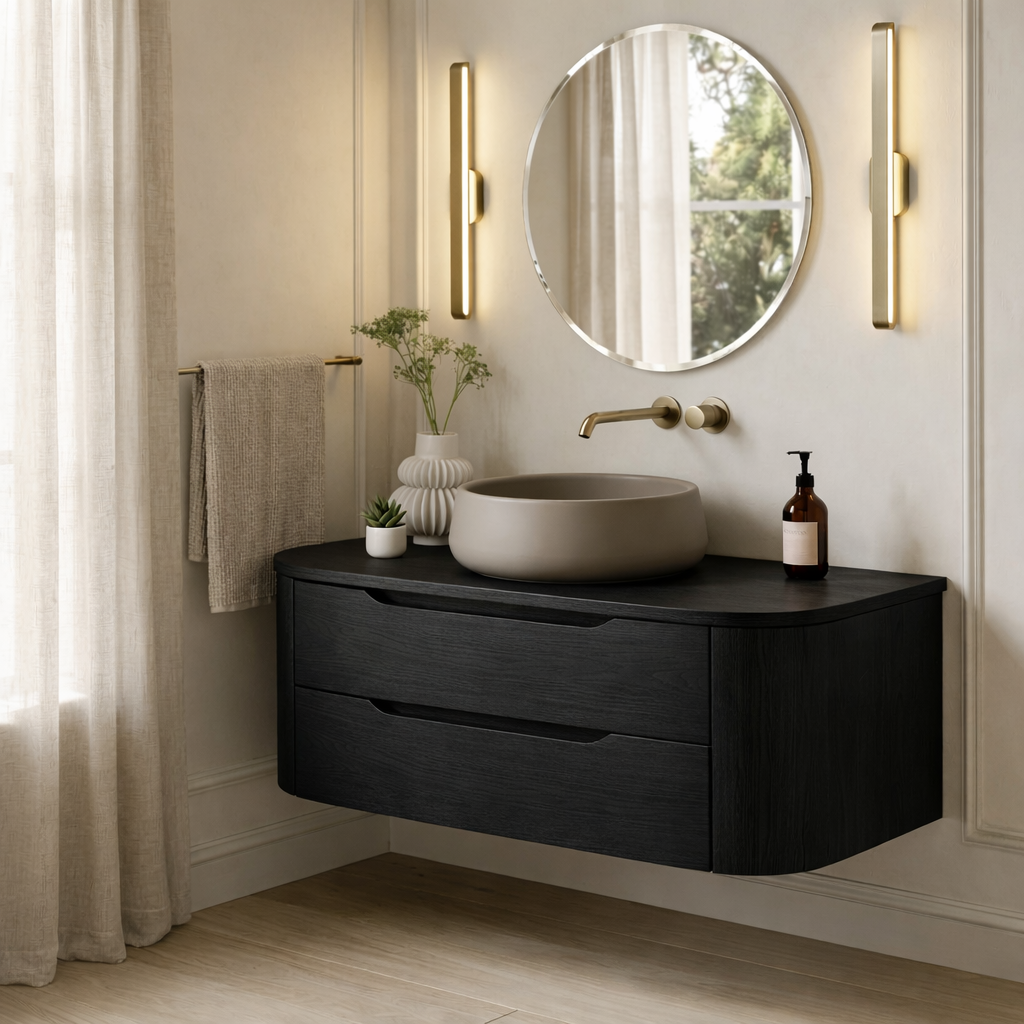 Modern Floating Bathroom Vanity with Curved Edges – Handcrafted Solid Wood