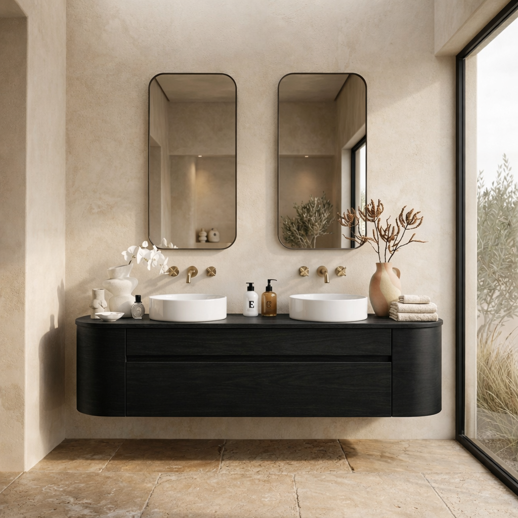 Handcrafted Wood Floating Double Vanity - Solid Wood Mid-Century Modern Bathroom Cabinet