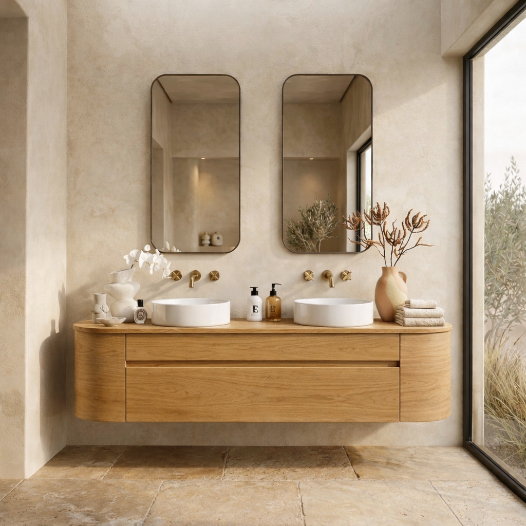 Handcrafted Wood Floating Double Vanity - Solid Wood Mid-Century Modern Bathroom Cabinet