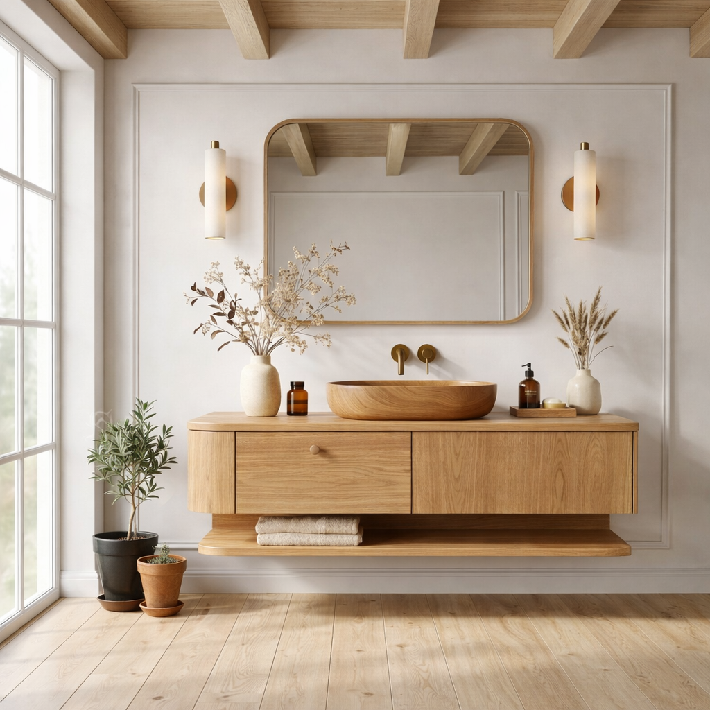 Floating Bathroom Vanity with Open Shelf and Spacious Drawers – Handcrafted Solid Wood Design